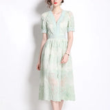 French Gentle Heavy Industry Embroidery V Zero Bubble Sleeve Dress Women's New Single Buckle Shed Skinny