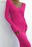 Fashion Women Long Sleeve Sweater Dress Casual Solid Color V Neck Knit Bodycon Party Dress for Beach Club
