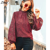 Red Embroidered Floral Mock Neck Blouse Top For Women Long Sleeve Shirts Tops 2023 Spring Autumn Pullovers