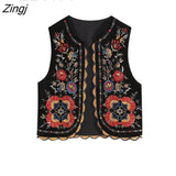 Women Vintage sequins flower embroidery vest jacket ladies retro national style patchwork casual velvet waistCoat