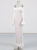 Spice Girl Packed Evening Dress Woman 2025 Spring New Fashion-Word Shoulder Lace Stitching Design Sensing Long-Sleeved