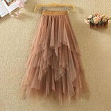 Women Sweet Midi Spring And Summer High Waist Solid Asymmetrical Elegant Chic White Mesh Tulle Skirts