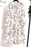 Women Shirt Dress Casual Spring Autumn Vintage Floral Print Bow Long Sleeve Elegant Office A-line Midi Dress