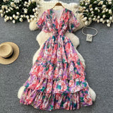 Vintage Gentle Windy Fragmented Flower Dress Summer New High Waist Thin Spinning