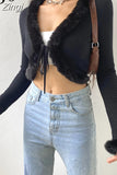 Autumn Winter Faux Fur Trim Long Sleeve T-shirts Front Tie Up Knitted Sexy T shirt Women Cardigan Cropped Top Tee