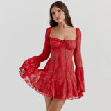 Long Sleeve Lace Square Neck Mini Dress-Outfit