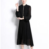 High-End Elegant Dress Spring New Fashion Metal Buckle Waist Thin Lantern Sleeve Chiffon Long
