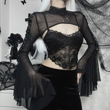 Net Horn Sleeve Double Ribbon Shoulder Dark Wind High Collar Characteristic Corns Strapped Long-Sleeved