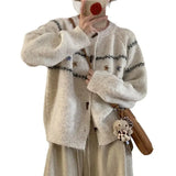 Buckle Loose Retro Sweater Cardigan Women 2025 Autumn And Winter New Round-Necked Collared Flower Knitted