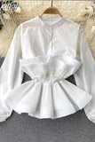Women Yellow/Black/White Draped Ruffle Blouse Vintage Stand Collar Puff Long Sleeve Single Breasted Slim Blusas Female Tops