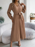 Autumn And Winter Temperament Elegant V-Neck Button Tie With Big Swing 100 Folds Long Dress Dress Women's