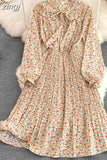Women Floral Pleated Dress Elegant Bow Collar Flare Long Sleeve High Waist A-Line Ruffle Draped Vestidos Female Robe