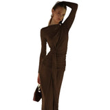 Autumn New Fashion French Temperament To Close The Waist Folds Irregular Long-Sleeved Dress