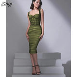 Suspenders Bodycone Ruched Slim Mid Dress Women Sexy Solid Backless Herringbone Dress Spring Summer Partywear