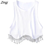 Women High Street Sexy Hem Tassel Diamond Beading Knitting T Shirt Chic Short Camis Tank Lady Slim Crop Vest Tops