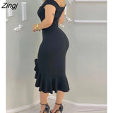 Women Fashion Elegant Sexy Plain Off Shoulder Ruffle Hem Slit Dress Solid Red Black Midi Dress Ruffles Sleeveless