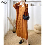 2021 Fashion Autumn Winter Knitted Long Dress Women Korean Style Striped V Neck Loose Thick Warm Long Sleeve