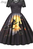 Dress Christmas Costume Women Lace Short Sleeve Hight Waist Vintage Evening Party Prom Casual