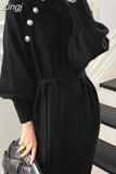 Winter Women Knitted Long Dress Turtleneck Sweater Dresses Loose Long Sleeve Elegant Office Ladies