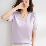 Zingj / Summer 2024 New Knit Short Sleeve Female V Collar Bottom Knit Sleeve Half Sleeve Sweater Loose Bottom Sweater-Outfit