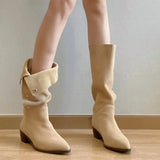 Zingj Shoe Two Wear Vintage Wrinkled Boots Frosted Pile Boots Female Thick Heel Temperament Pointed Button Middle Boots-Outfit