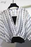 Two Piece Set Striped Chiffon Grid Summer Half Sleeve Loose V-Neck Floral Spring Cool Blouses Sweet Ladies Short Tops