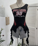 Shooting Retro Jersey Vest Letter Print Oblique Shoulder Hottie Wearing Lotus Edge Ribbon Ribbon Short Top