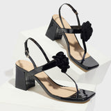 Sales Lady High-Heeled Black Rose Toe With Square Head And Mirror Fabric Sandals 2025