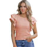 Texture Lotus Side Short-Sleeved T-Shirt Women 2025 Casual Round Collar T-Shirt