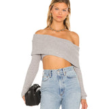 Zingj New One-Line Shoulder Off-The-Shoulder Long Sleeve Short Knit Top Female