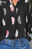 Feather Print Blouse Chiffon Shirts Women Long Sleeve Tops Autumn V-Neck Causal Loose 5XL Clothes Blusa Mujer