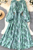 Women Blue/Red/Black Printed Party Dress Bohemian Puff Long Sleeve High Waist Ruffle Collar Midi Robe Female Vestidos