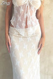 2pcs Set Women Lace Bustiers Strapless Off Shoulder Tube Tops Party Club Mesh See Through Tank Low Waist Long