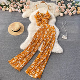 Zingj Holiday Set Temperament V Collar Sling Vest Heavy Pleated Micro Wide Leg Pants