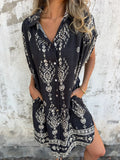New Summer Loose Leisure Short-Sleeved Cotton Shirt Pocket Print Dress