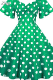 Women Summer Dress Butterfly Sleeve Swing Vintage Dresses Robe Femme Elegant Green Polka Dot Party Sundress