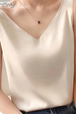 Women Silk Blouses Women Satin Tops Woman Sleeveless Blouse Tops Woman Satin V-neck Blouse Ladies Tops Basic OL White