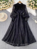 Retro Elegant Dress Woman 2025 New High-End Collar Single Buckle Waist Embroidery Mesh