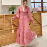Retro Court Style Lace V-Neck High-End Dress With Thin Single-Drace Buckle