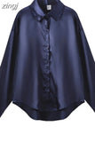 Fashion Button Up Satin Silk Shirt Vintage Blouse Casual Loose Button Up Down Shirts Tops Lady Long Sleeve Female