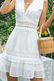 Mini Dress Women Boho Lace Dress Female Jacquard High Waist Slim Dress Ladies V Neck Sleeveless Backless Ruffles