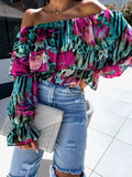 Zingj Burst Autumn Sexy Fashion One-Word Collar Off-The-Shoulder Print Shirt