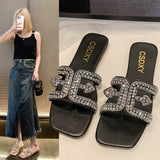 Flat-Bottomed Slippers Women 2025 Summer New Diamond Pearl Decoration Large-Size Women Cold