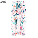Women Vintage Graffiti Totem Floral Print Knotted Sarong Skirt Faldas Mujer Female Back Zipper Chic Slim Vestidos