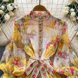 Style Dress Women High-End Elegant Collar Lantern Sleeve Single Buckle Waist Print Chiffon Long