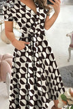 Women Summer Long Dress Short Sleeve V Neck Solid Vintage Elegant Chic Shirt Dress With Belt Office Ladies Party