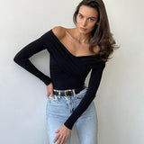 Zingj Spring Autumn New Temperament Fashion V Collar Off-Shoulder Splicing Long Sleeve Slim Joker