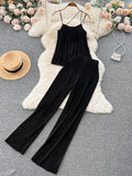 Women Pleated Set Sexy Spaghetti Strap Camis Tops + High Waist Wide Leg Loose Pants Casual Red/Yellow/Brown Suits