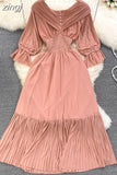Pleated Party Midi Dress Women Sexy Slash Neck Off Shoulder Flare Long Sleeve Draped Ruffle Vestidos Female