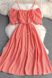 Vintage Women Spaghetti Strap Plaid Dress Female Elegant Short Puff Sleeve High Waist A-Line Casual Vestidos New